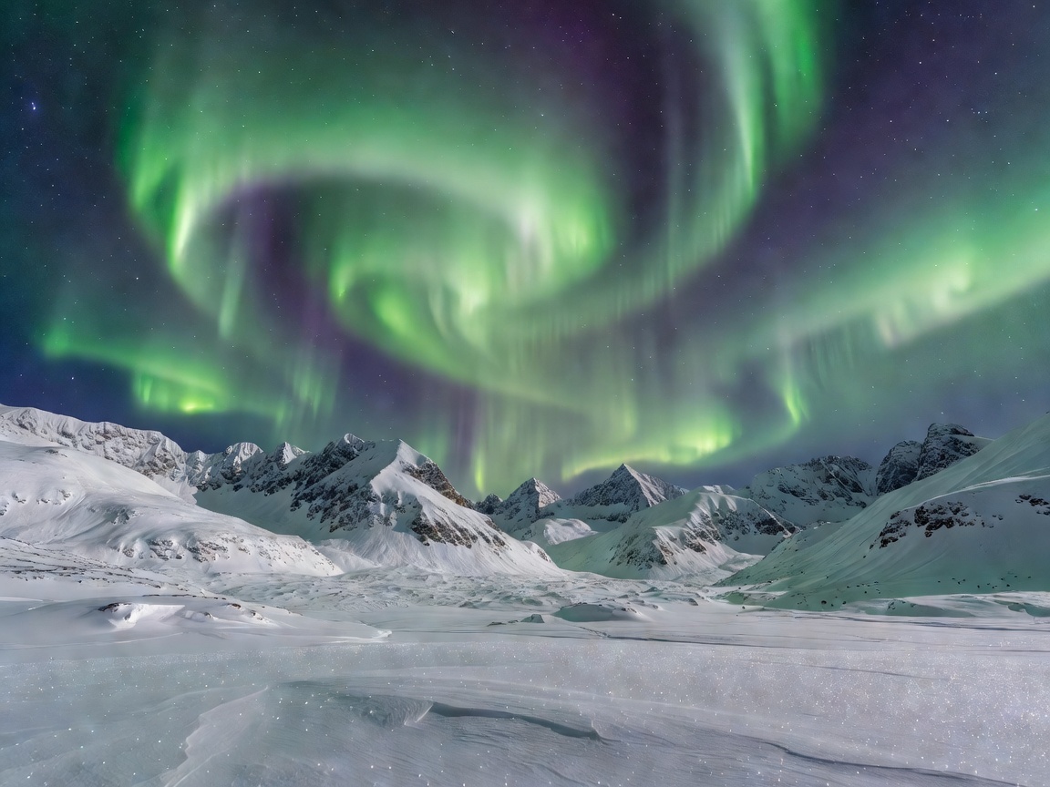 Aurora Borealis curtain over snow covered northern mountain landscape