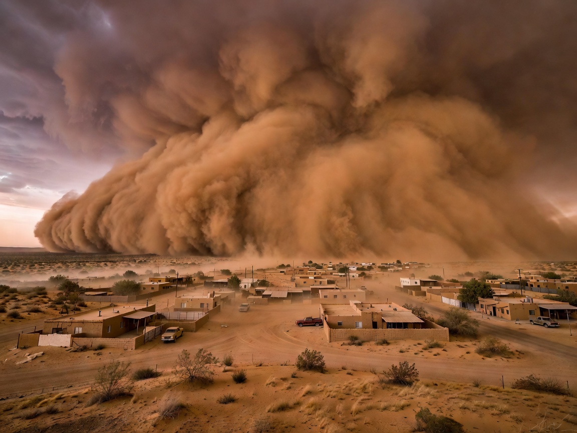 Massive dust storm haboob engulfing desert town landscape