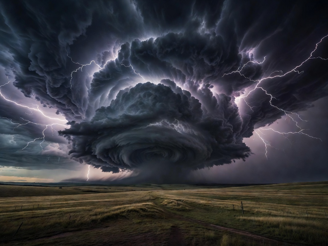 Supercell thunderstorm rotating over open country plains