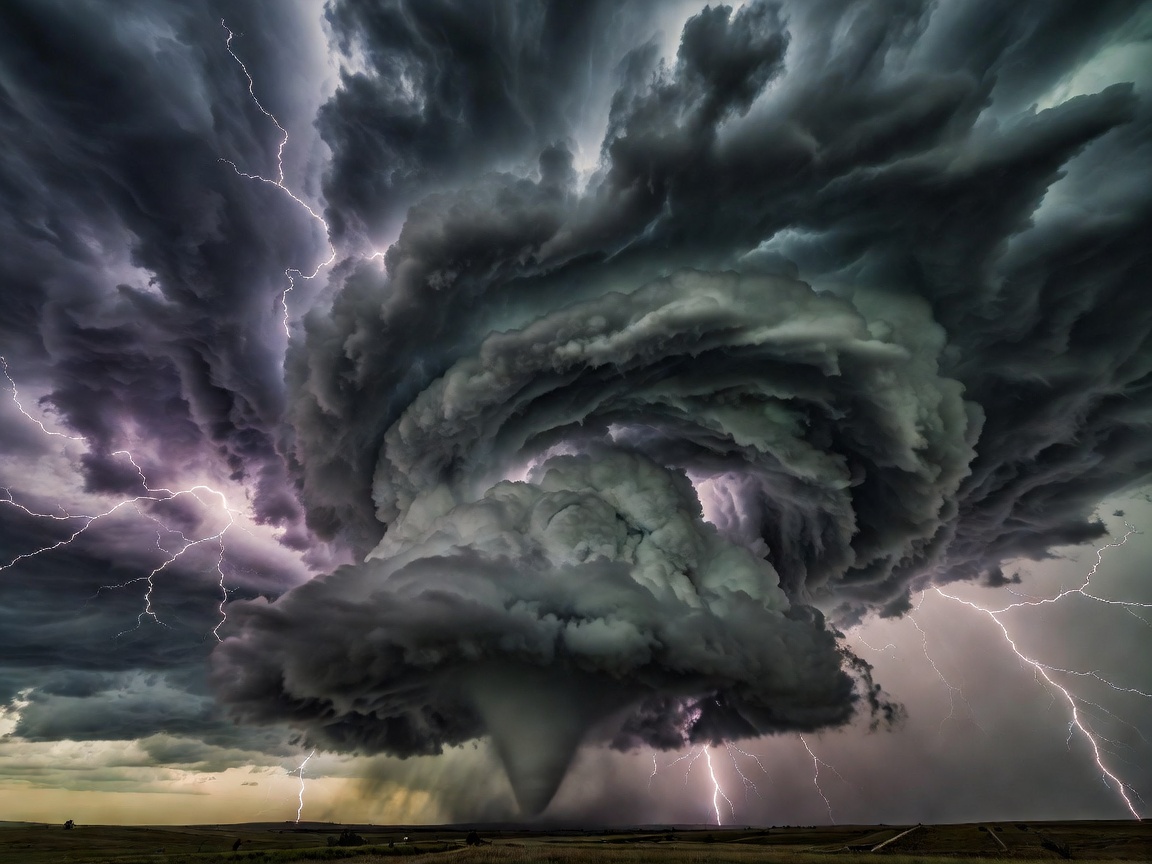 Supercell thunderstorm rotating violently with low wall cloud