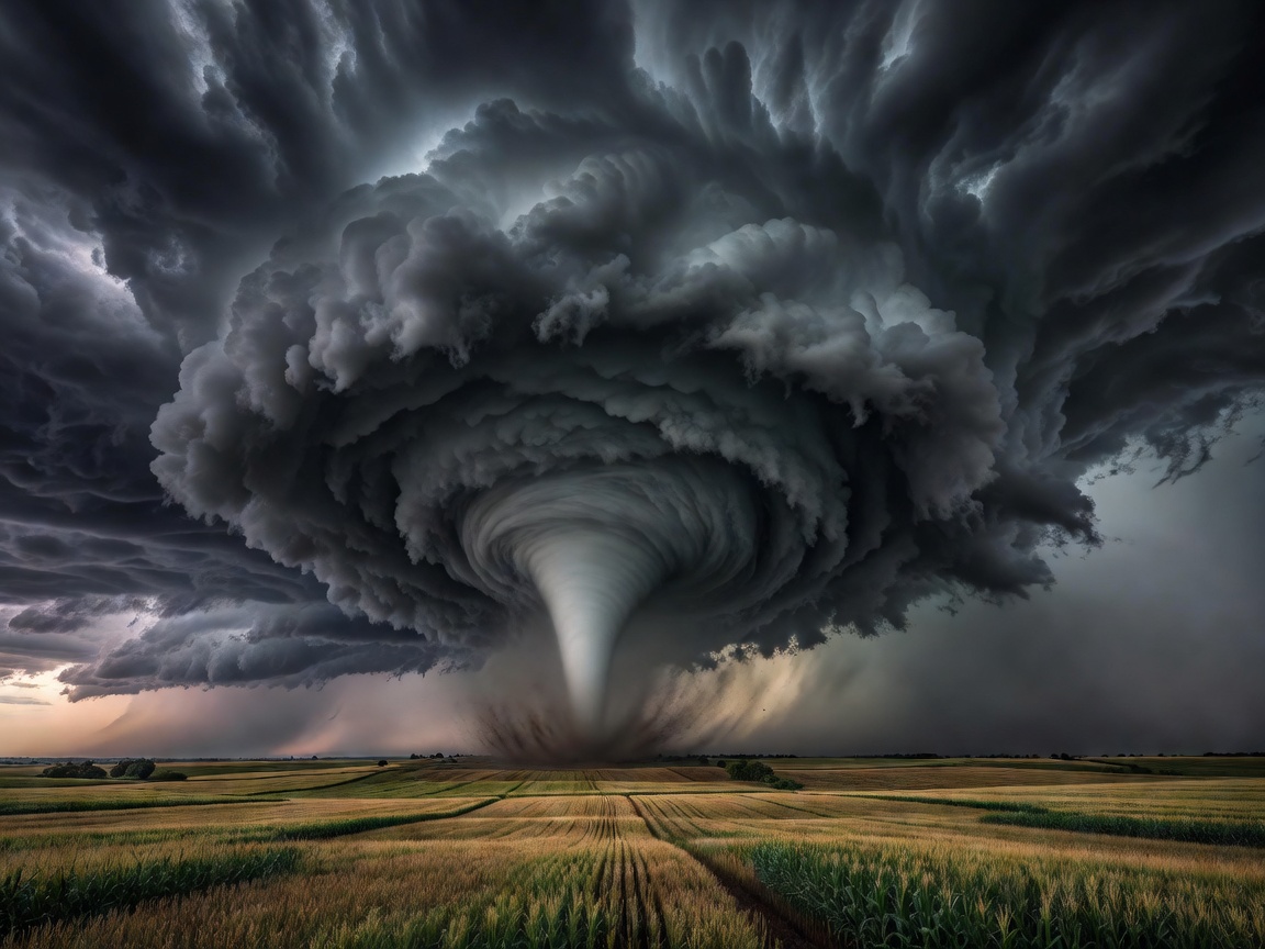 Supercell thunderstorm with massive rotation over tornado alley fields